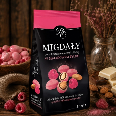 Migdały w czekoladzie mlecznej i białej w malinowym pyłku 80g